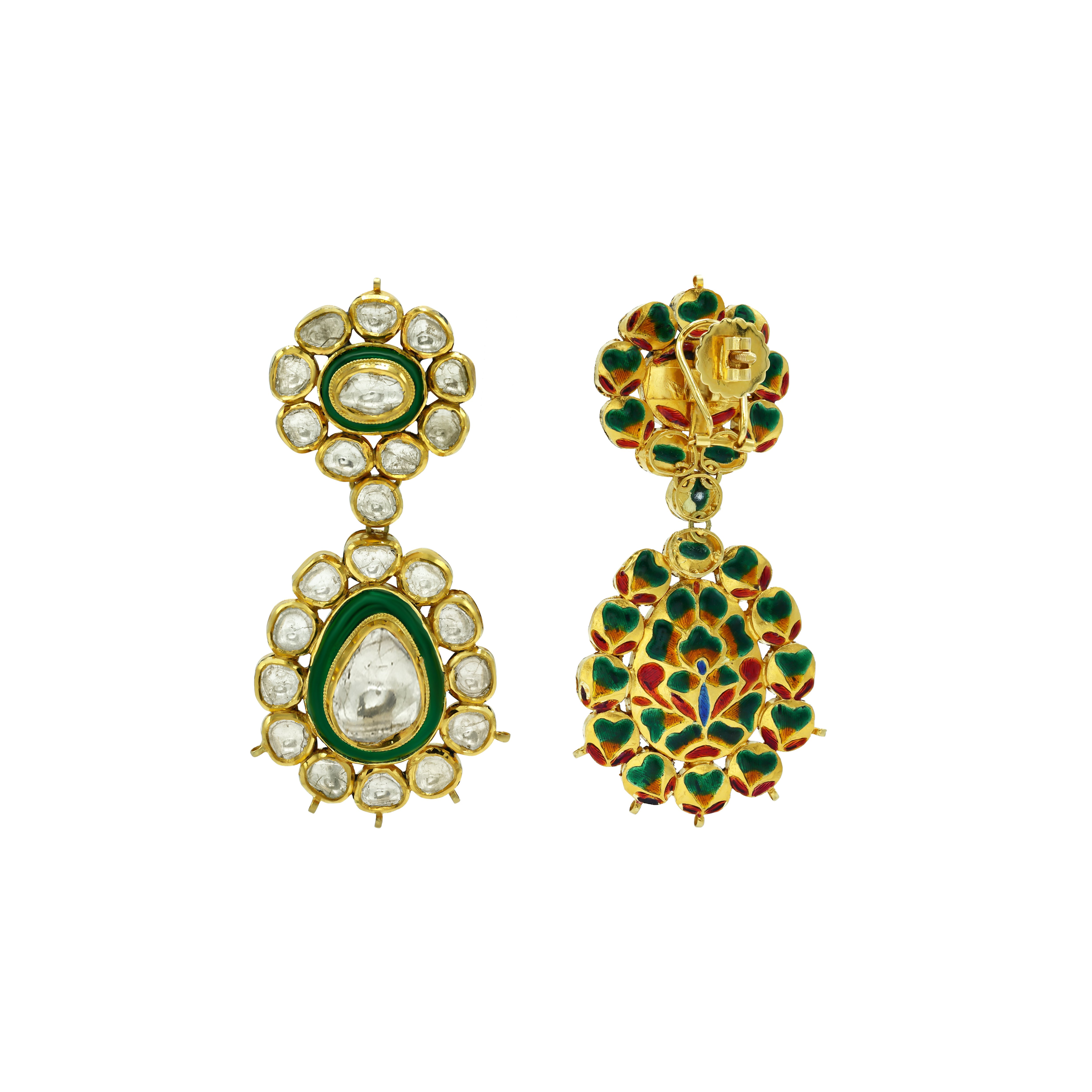 Polki Necklace Set with Green Enamel and Layered Design